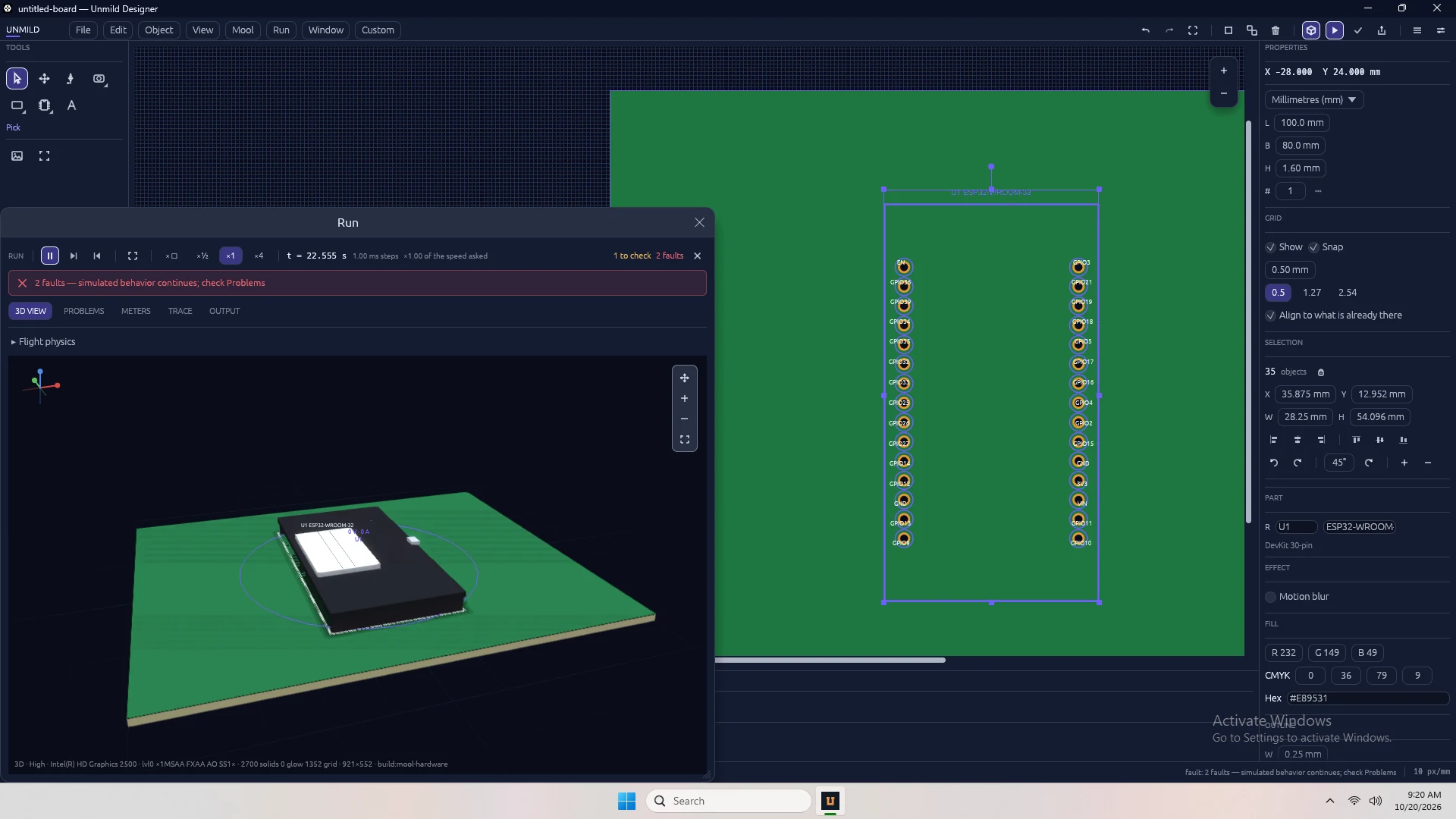 A floating Run window sits alongside the board canvas and properties panel.