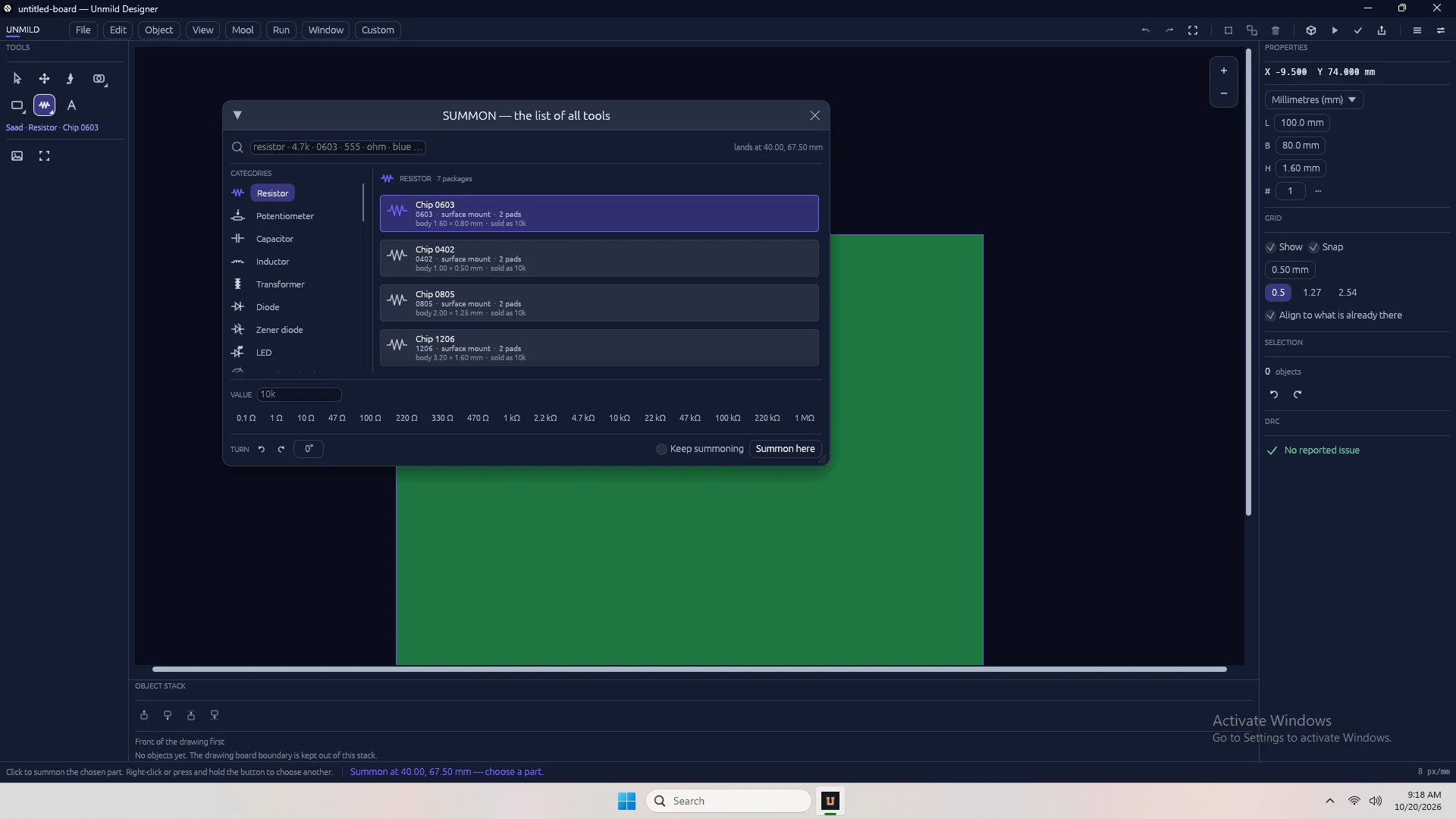 Saad's searchable component picker open over the board canvas.