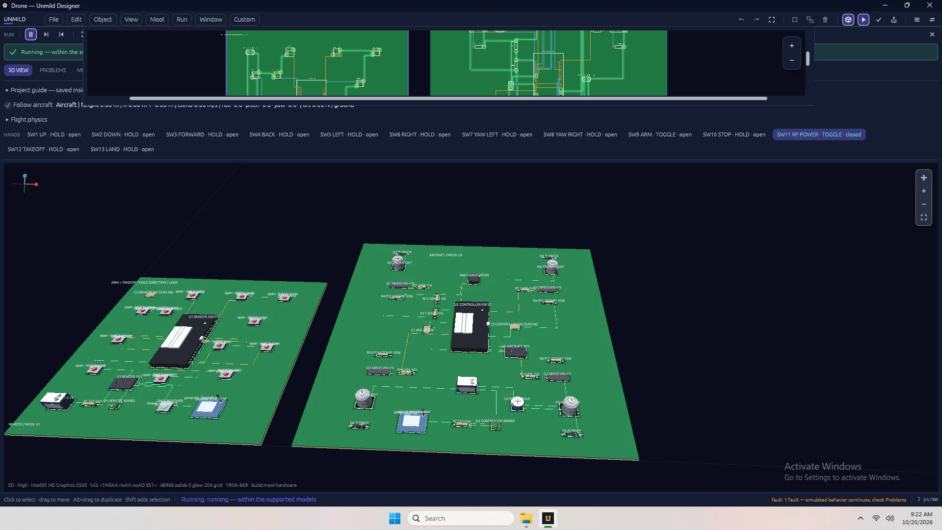 Unmild Designer showing two connected PCB layouts above a Live 3D view of their components and copper.