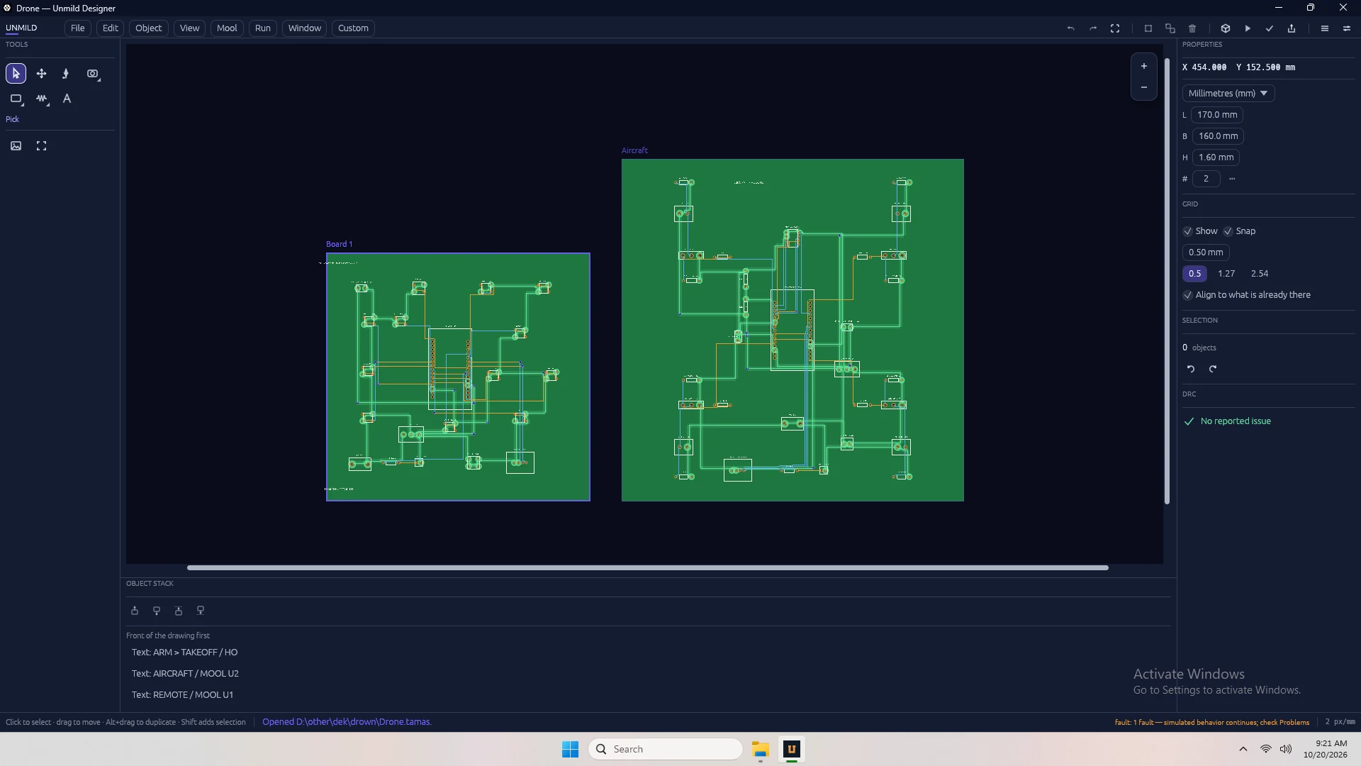 Two routed circuit boards arranged side by side in the same Designer project.